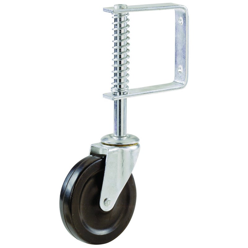 Shepherd Hardware 4" Spring Loaded Gate Caster â€“ Heavy Duty Swivel Wheel with Adjustable Shock-Absorbing Spring & Universal Mount â€“ Supports 125 lbs, Black - Image 1